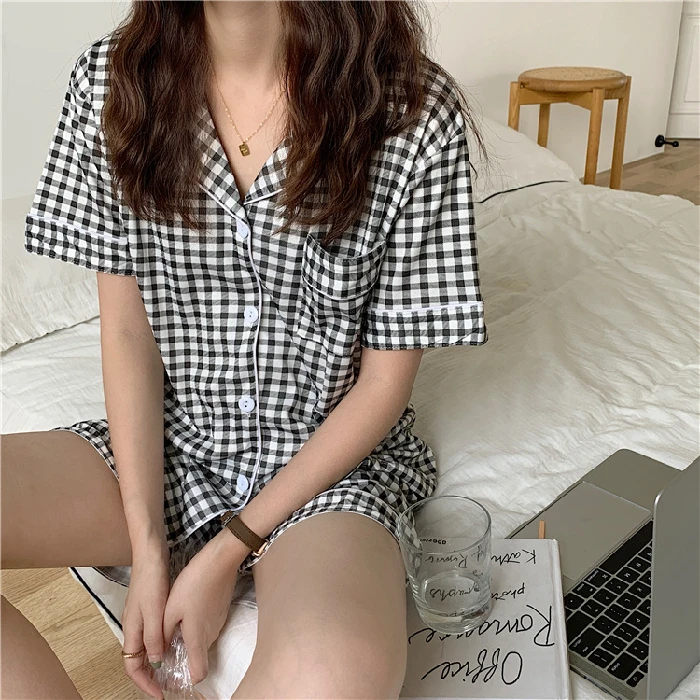 Korean plaid print pajama suit women's 2022 new two-piece suit casual loose soft pajamas thickened pajamas homewear pajamas