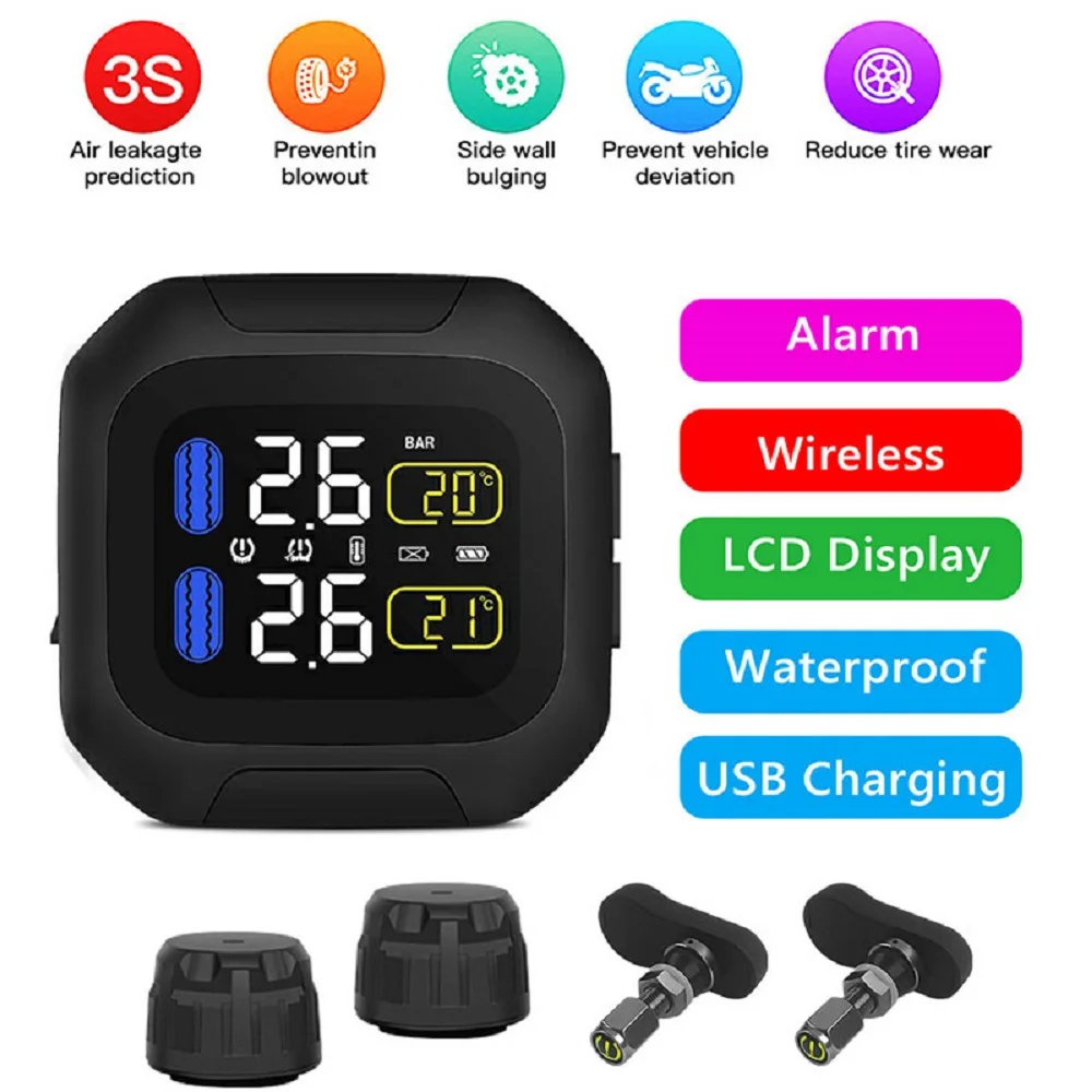 

M3 Motor Waterproof Motorcycle Real Time Tire Pressure Monitoring System TPMS Wireless LCD Display Internal & External Sensors