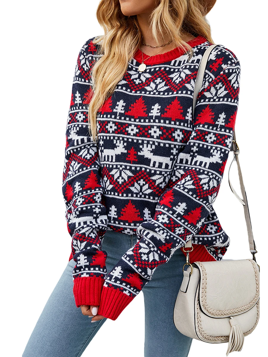 

Women s Festive Christmas Sweater Long Sleeve Crewneck Reindeer Snowflake Print Pullover Knitwear