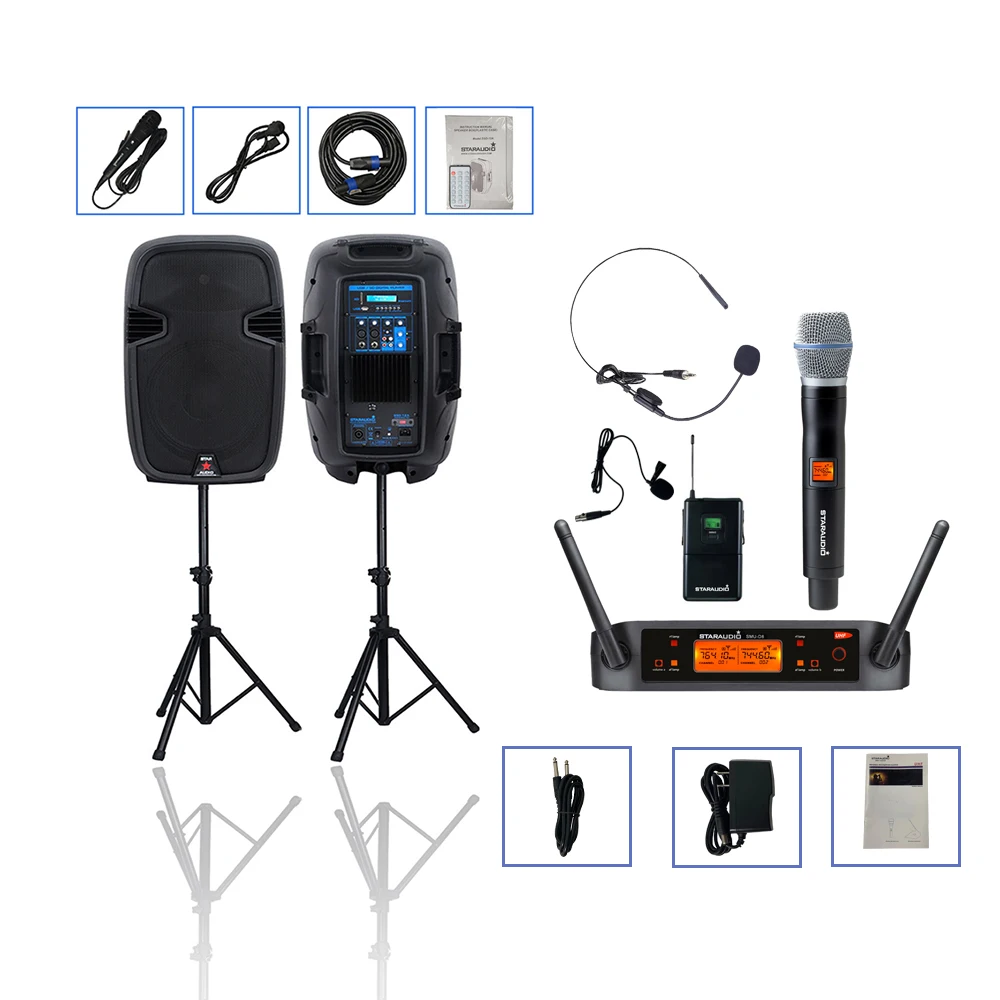 

12 Inch PA Active USB Speakers 2000W Powered Speaker 1CH Wireless Lavalier Lapel Microphone 1CH UHF Handheld Church Microphones