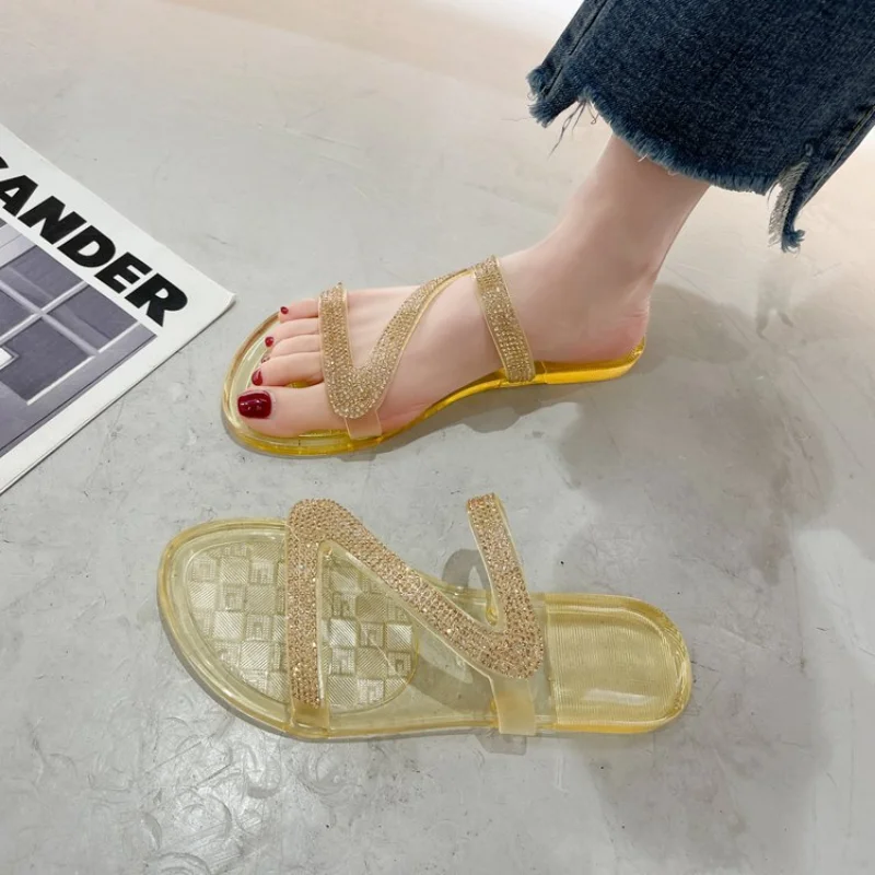 Women Rhinestone Decor Flat Sandals Summer Outdoor Glamorous Transparent Slippers Fashion Office Slides Beach elasticity Shoes