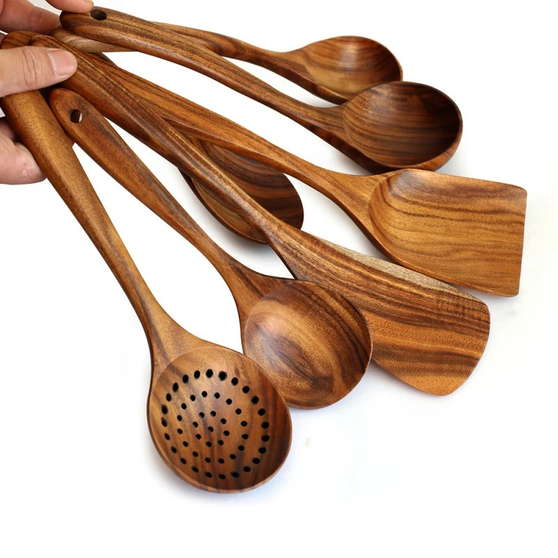 

7pcs/set Teak Natural Wood Tableware Spoon Ladle Turner Rice Reusable Tool Kit Colander Soup Skimmer Cooking Spoon Scoop Kitchen