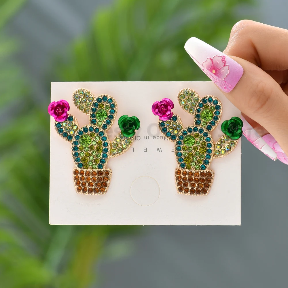 

Green Crystal Cactus Earrings For Women Trend Luxury Metal Plant Piercing Ear Ring Statement Jewelry Accessories Girl Party Gift