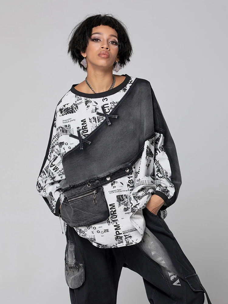 

XITAO Fashion Loose Denim Patchwork T-shirt Contrast Color Letter Print Women Top Casual Simplicity All-match Women Top WLD13547