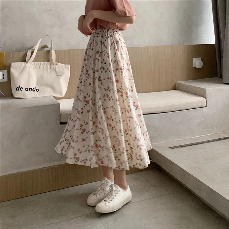 

Women Spring Floral Print Long Skirts A-line Pleated Female Fashion Korean Summer Skirt New Elastic Waist Drawstring Midi Skirt