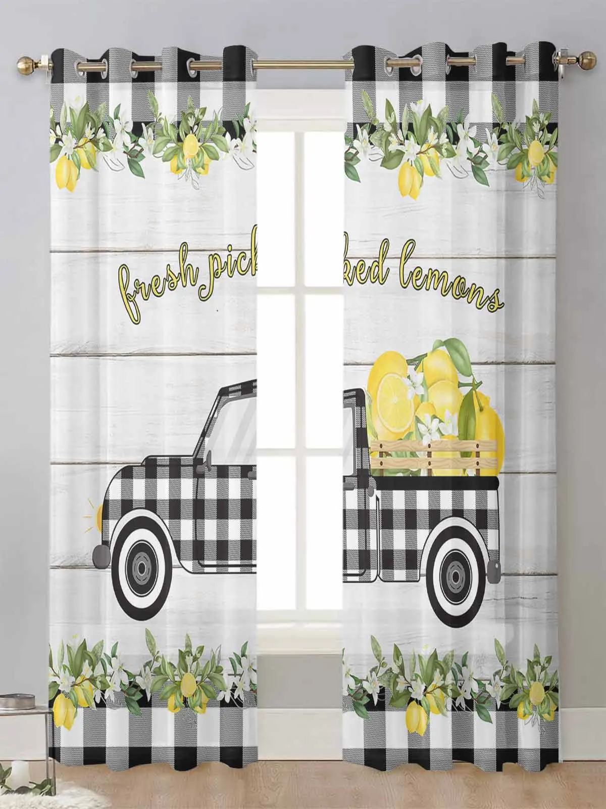 

Lemon Idyllic Truck Lattice Sheer Curtains For Living Room Window Transparent Voile Tulle Curtain Cortinas Drapes Home Decor