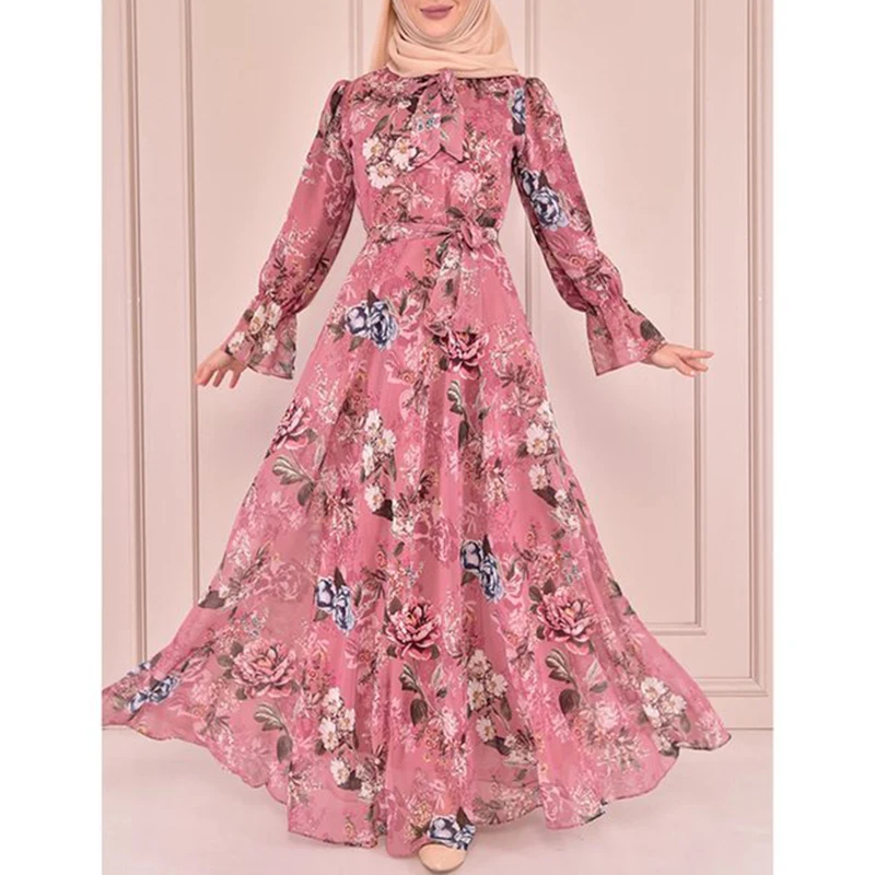 Женское платье с бантом на воротнике, длинное шифоновое платье в стиле бохо с цветочным принтом и расклешенными рукавами, в мусульманском с...