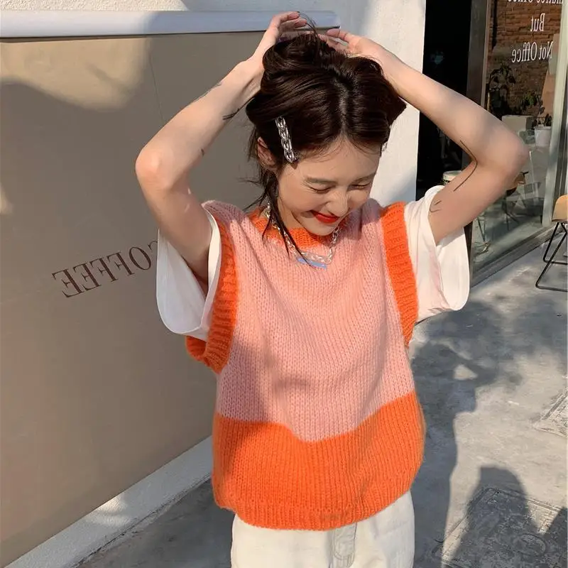 Милые полосатые вязаные топы с графическим рисунком для женщин жилет Kawaii женский