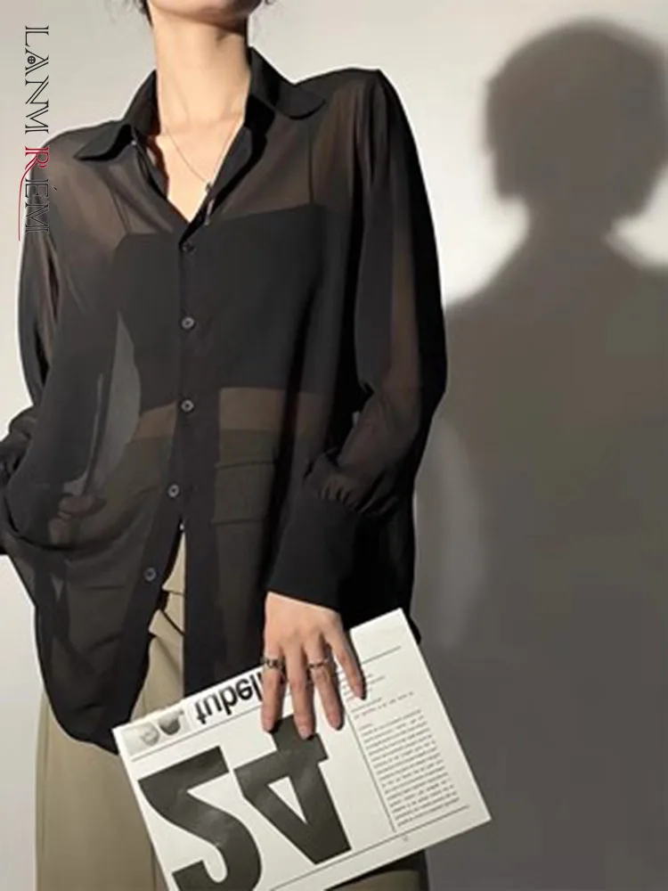 

LANMREM Ретро шифоновая рубашка для женщин с лацканами однобортный длинный рукав тонкий солнцезащитный Топ Офисная Женская одежда 2023 2XZ108