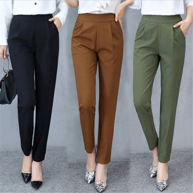 

Женские шаровары с высокой талией, облегающие Стрейчевые брюки, брюки размера, тонкие повседневные брюки с карманами, облегающие рабочие брюки, новинка 2022