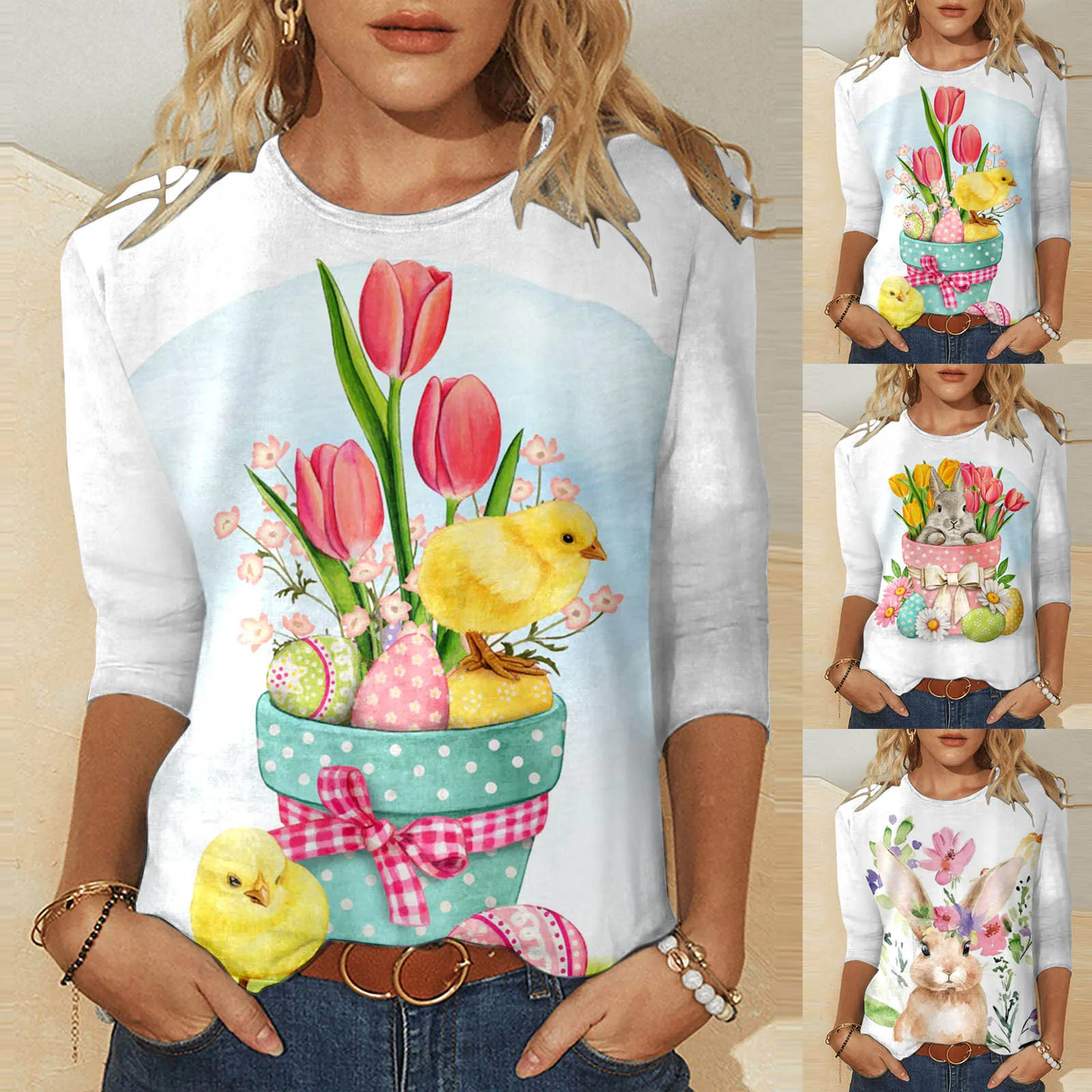 

Женская футболка с круглым вырезом, рукавом три четверти и принтом кролика