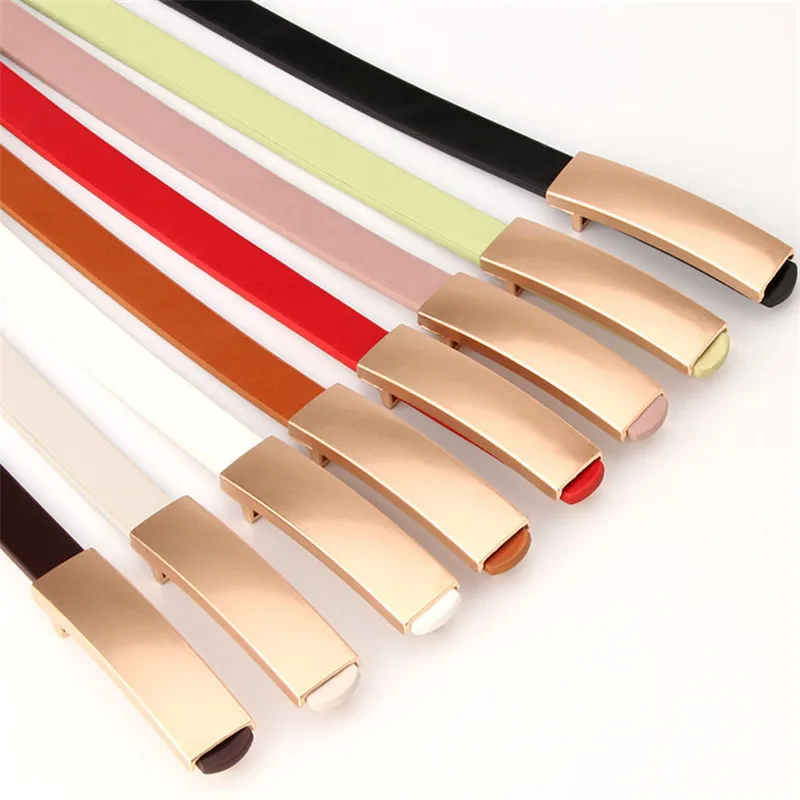 

Design Slim Belt Dress Simple Women Leather Belt Thin Skinny Metal Gold Elastic Buckle Classic Waistband Belt Dress Accessories