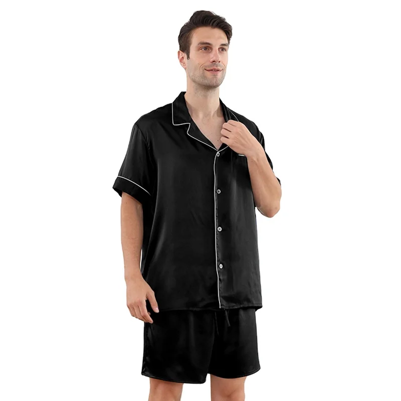 Summer Thin Short Turn-down Collar 100% Real Silk Skin-Friendly Male Pajamas Men Full Body Pajama Sexy Sleepwear