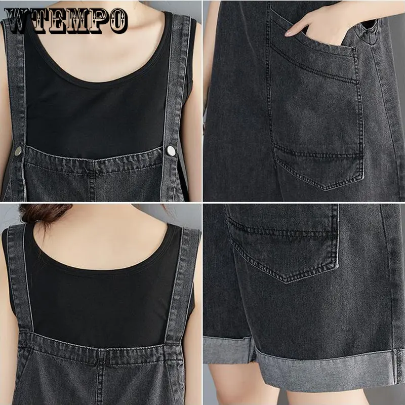WTEMPO Denim Suspender Shorts for Women Summer Fashion Street Wear Korean Version Loose Sweetwear Student Versatile Capris
