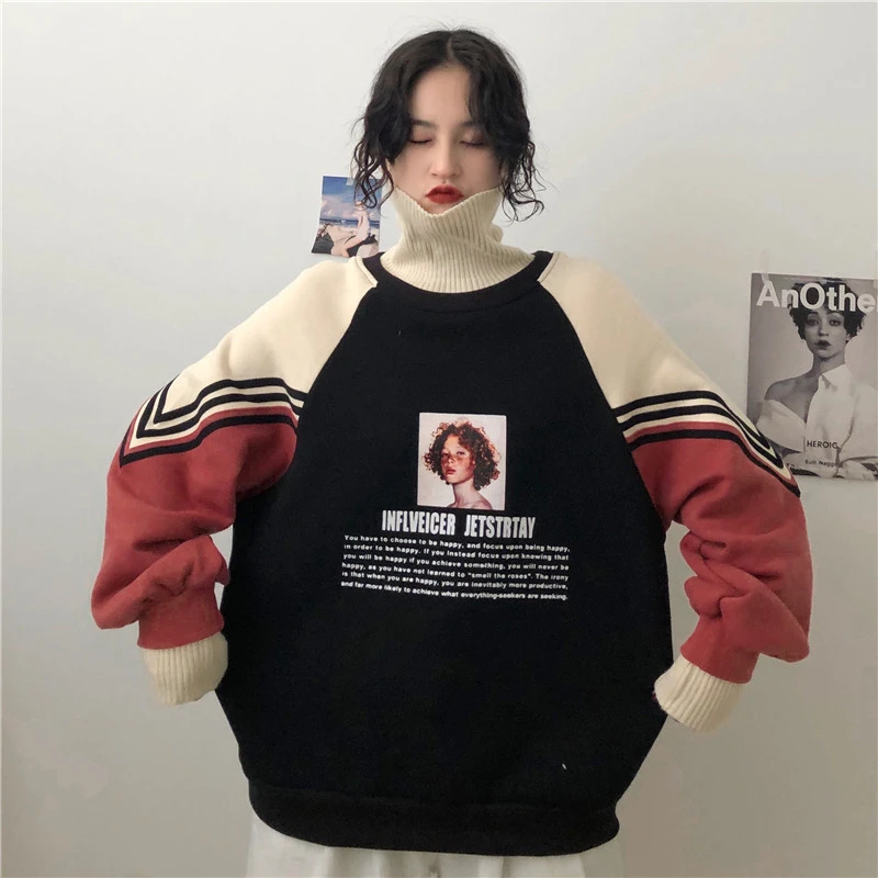 

Autumn And Winter New Hip-Hop Women's Korean Version Of The Tide Plus Velvet Thickened Turtleneck Stitching Sweater Jacket