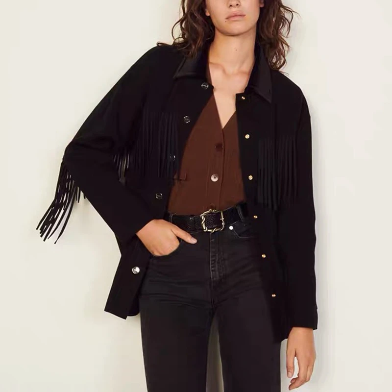 

Polo Collar Tassel Jacket Women's 2022 Autumn and Winter New Style Single Breasted Velvet Splice Knitted Cardigan Women