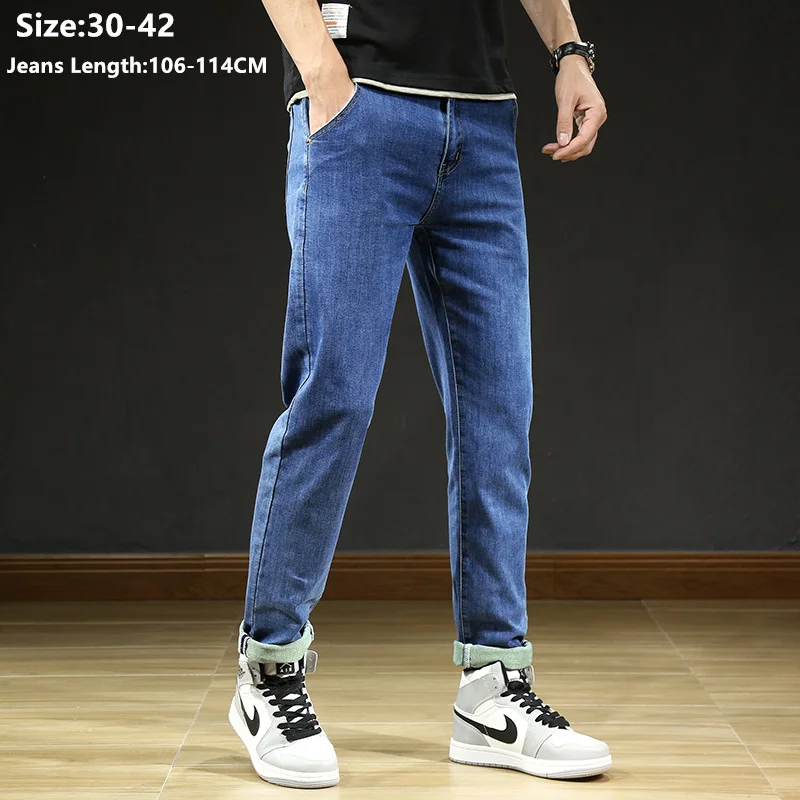 

Young Teenagers Tall Men 114CM Extra Long Stretch Jeans Blue Denim Large High Waist Straight Loose Black Plus Size Male Pants