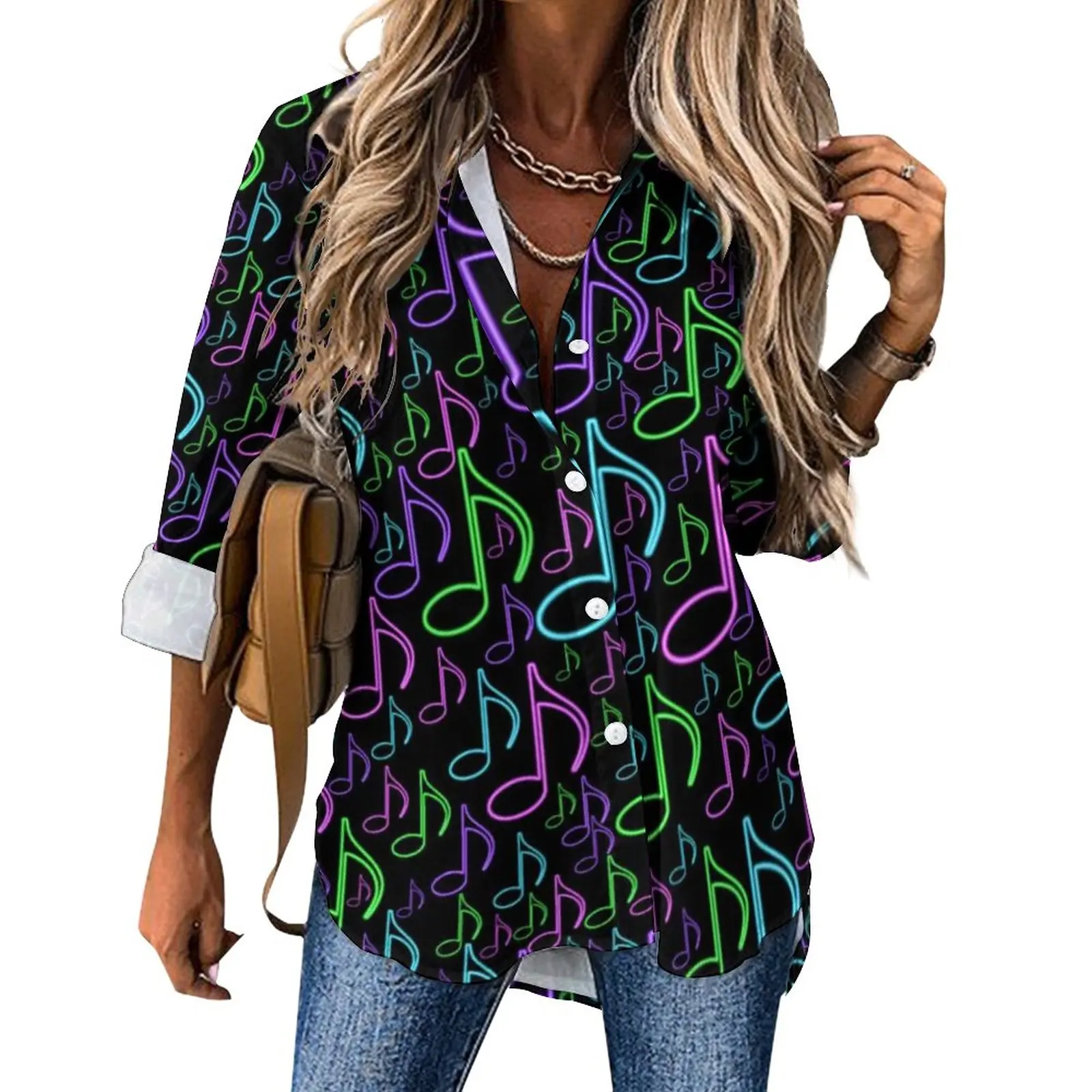 

Music Casual Blouse Long-Sleeve Eighth Notes Random Print Trendy Blouses Streetwear Oversized Shirt Graphic Top Birthday Gift