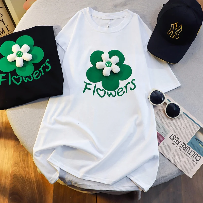 

Женская летняя хлопковая футболка с коротким рукавом Корейская версия брендовый дизайнерский топ с трехмерными цветами