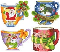 christmas four small tea cup counted 16ct 14ct 18ct diy cross stitch sets chinese cross stitch kits embroidery needlework