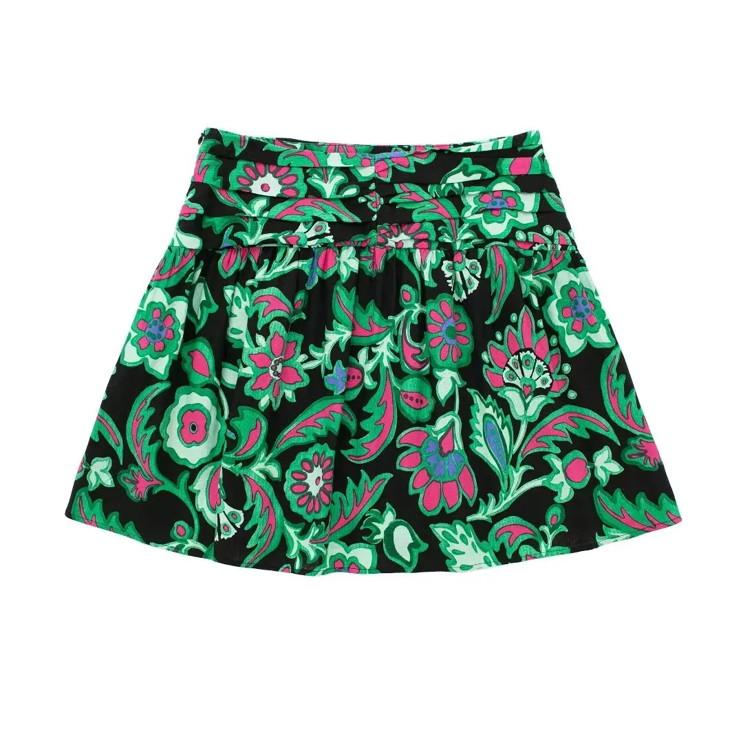 

PB&ZA Women 2023 New Chic Fashion Flax Blended Flower Printing Mini Skirt Vintage High Waist Side Zipper Female Skirts Mujer