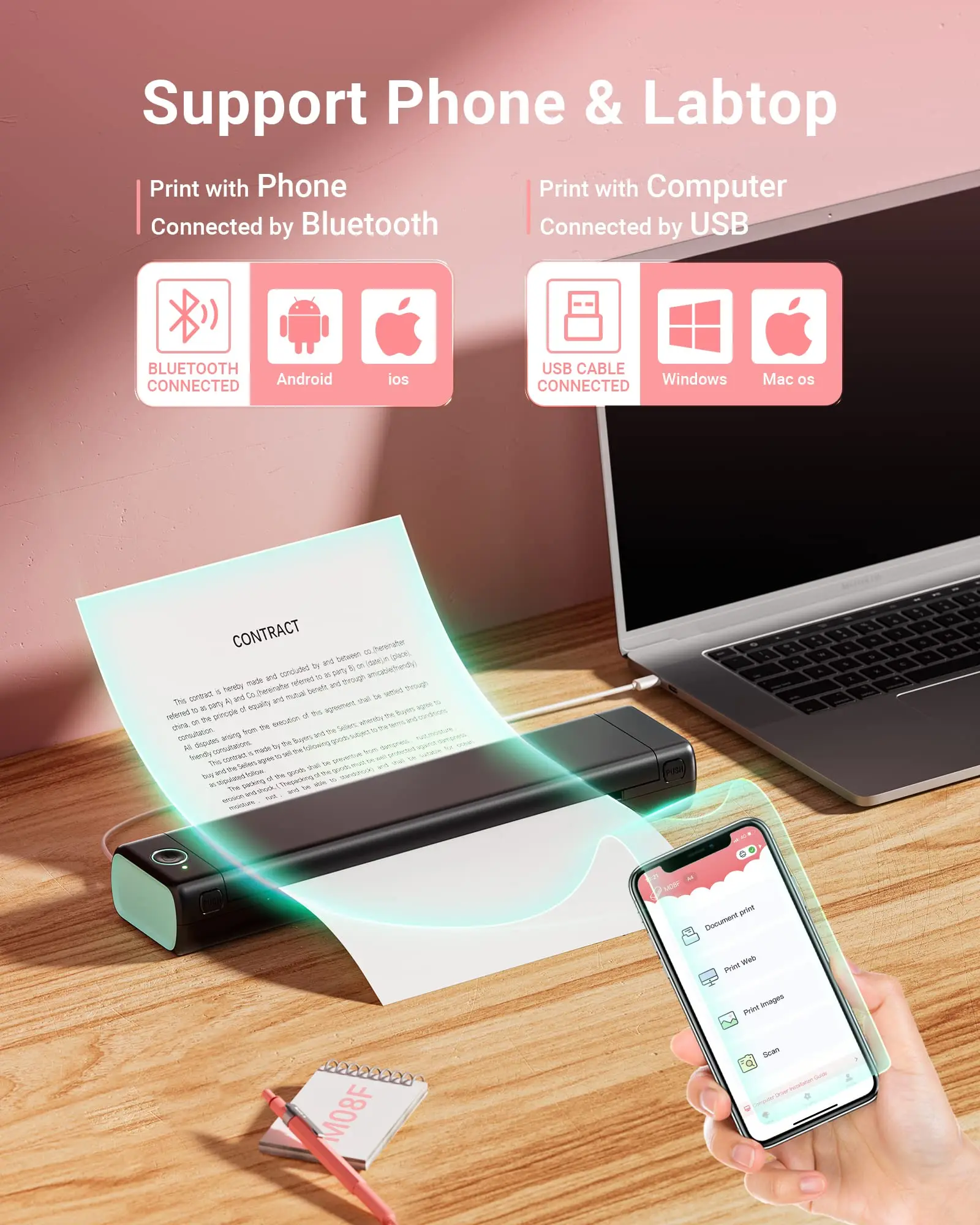 A4 Portable Printer Bluetooth Inkless Small for PDF Webpage Contract Picture Printing Support Computer &amp Smart Phone |