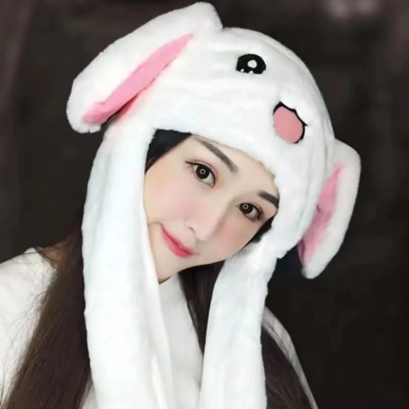 

1Cute Bunny Ears Hat Moving Airbag Rabbit Soft Jumping Up Cap Funny Toy Girls Cartoon Kawaii Plush Hat Toys Gift for Adult Kids