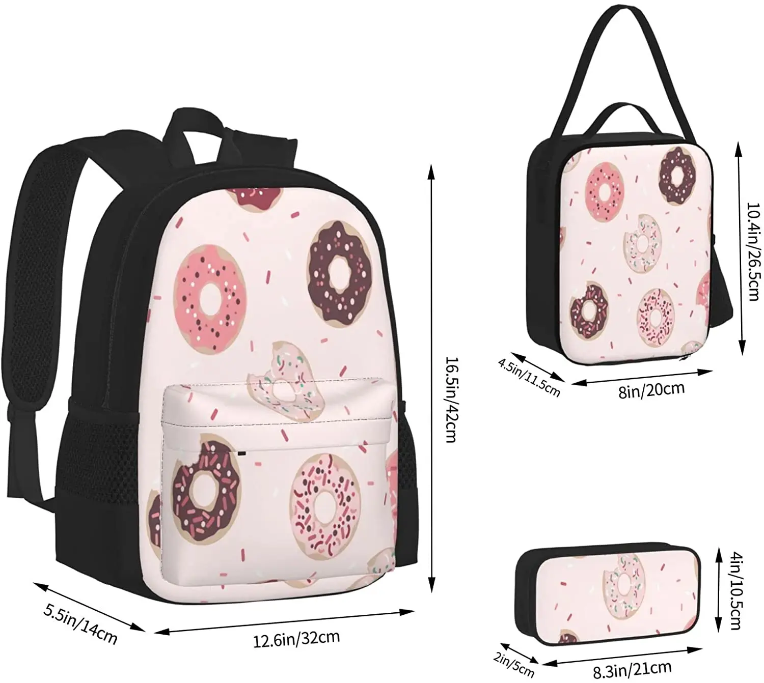 Kid School Backpack Kawaii Sweet Donuts Schoolbag Travel Bag Casual Daypack Lunch Bag Pencil Case for Boys Teens Girls 3pcs Sets