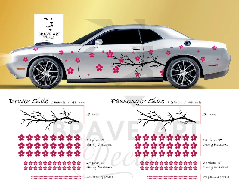 

cherry blossom branch and cherry blossom flowers and falling petals- side graphics car decal- sakura flowers- read description