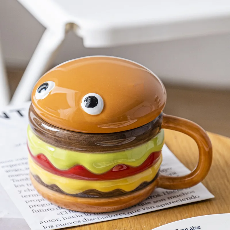 

Cute Creative Underglazed Ceramic Hand Painted Hamburger Mug With Lid Microwave Dishwasher Safe Funny Mug Gift For Friends Kids