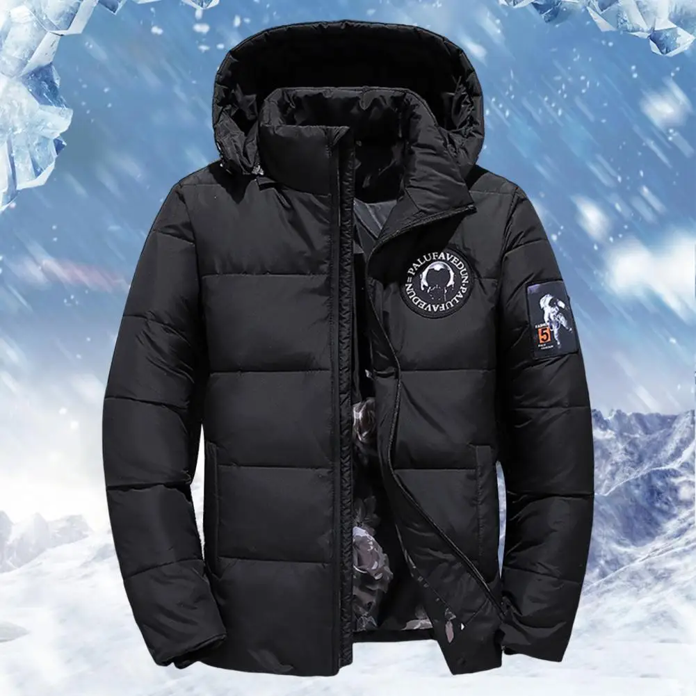Winter Men Jacket Cotton Padded Anti-static Lining Zipper Placket Patch Coldproof Fluffy Filling Hooded Coat Streetwear