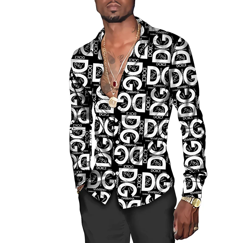 

Men Shirts 3D Letters Print T shirt Short/Long Sleeve Turn-down Collar Button Oversized Tops Fashion Men's Streetwear Clothing
