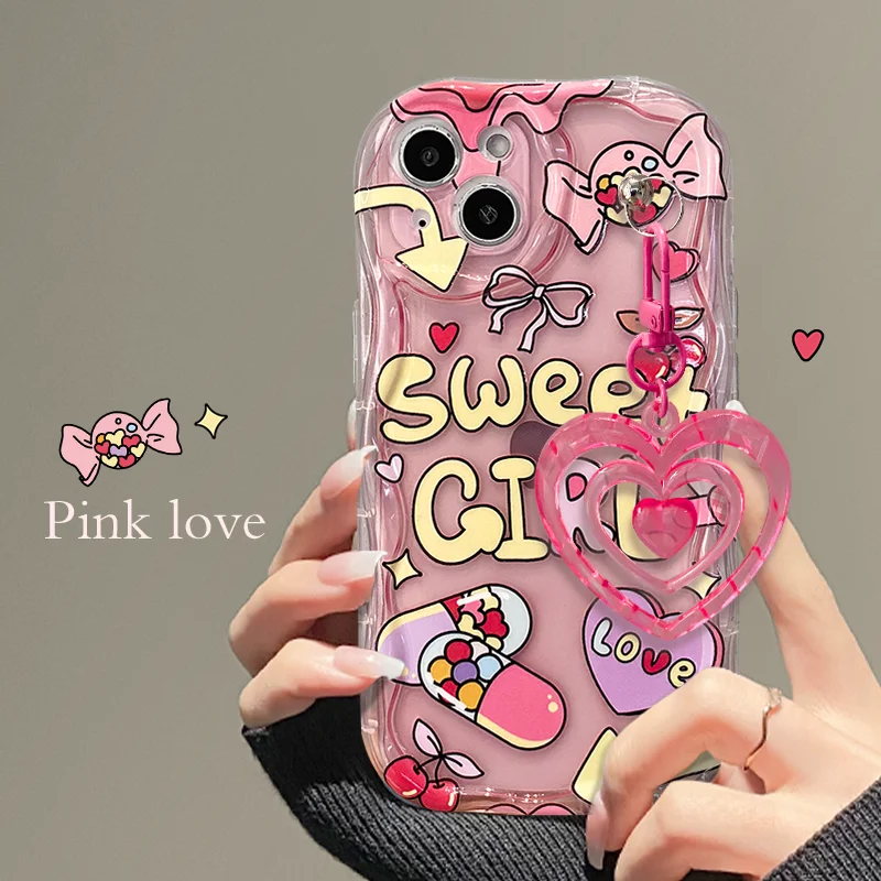 Korea Cute Pink Love Heart Keychain Transparent Clear Soft Phone Case for iphone 13 14 Pro Max 12 11 XR X XS 7 8 plus SE Cover