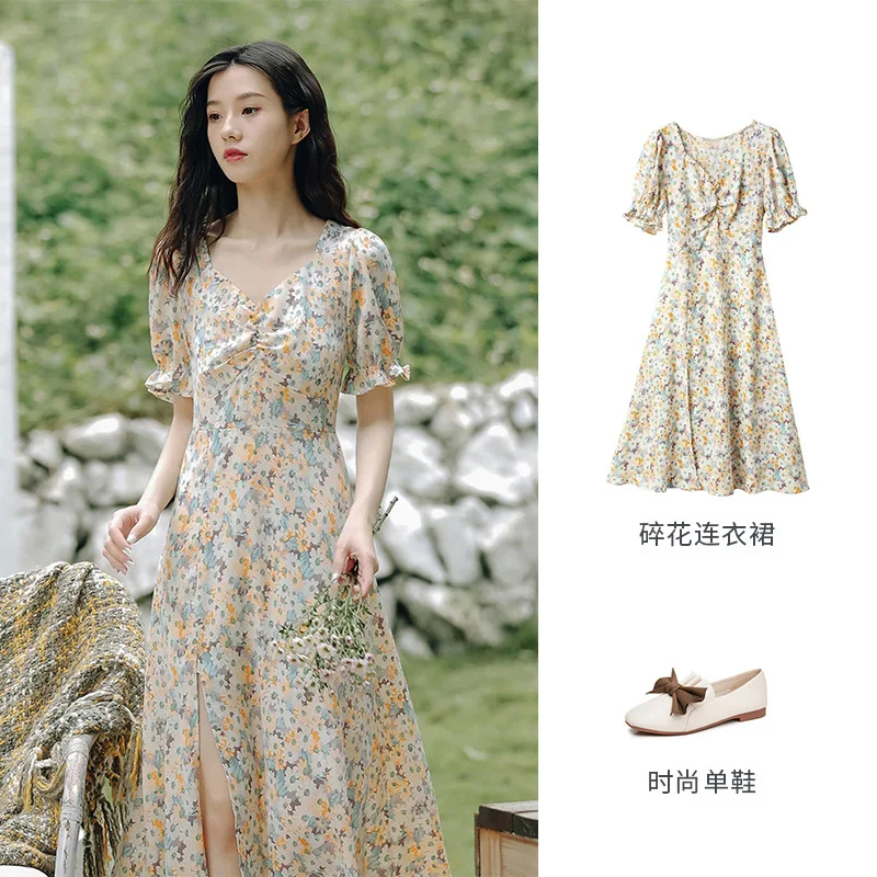 

Chiffon floral dress 2022 new skirt summer gentle wind fairy bubble sleeve Korean long skirt thin style