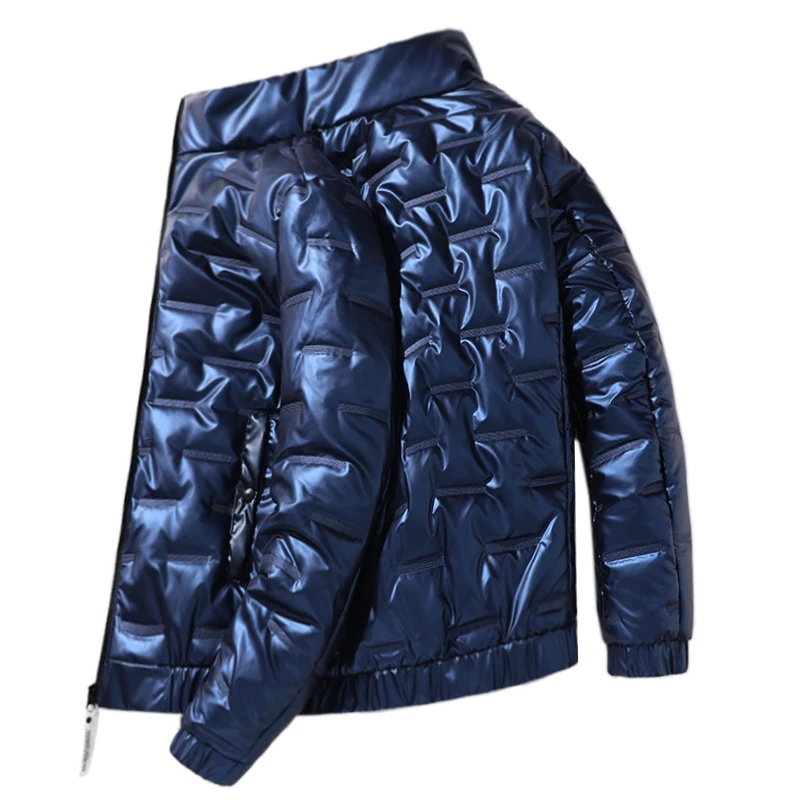 Winter Shiny Down Jacket Mens Cotton Clothes Warm Thicken Glossy Down Jacket Fashion Solid Color Stand Collar Men Casual Coat