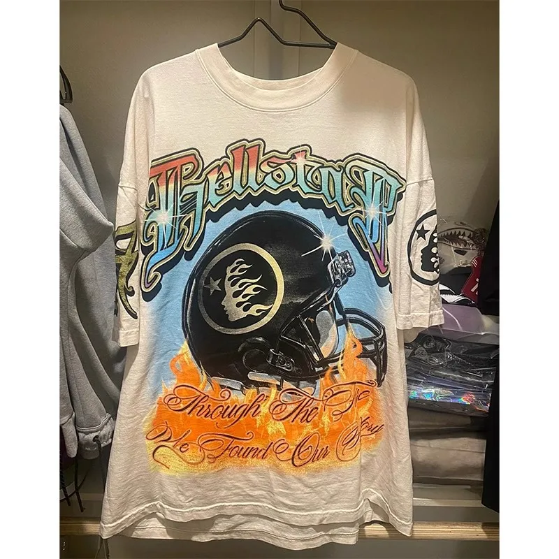 

2023ss, футболка с изображением шлема спасения Hellstar для мужчин и женщин, 1:1, Высококачественная футболка абрикосового цвета