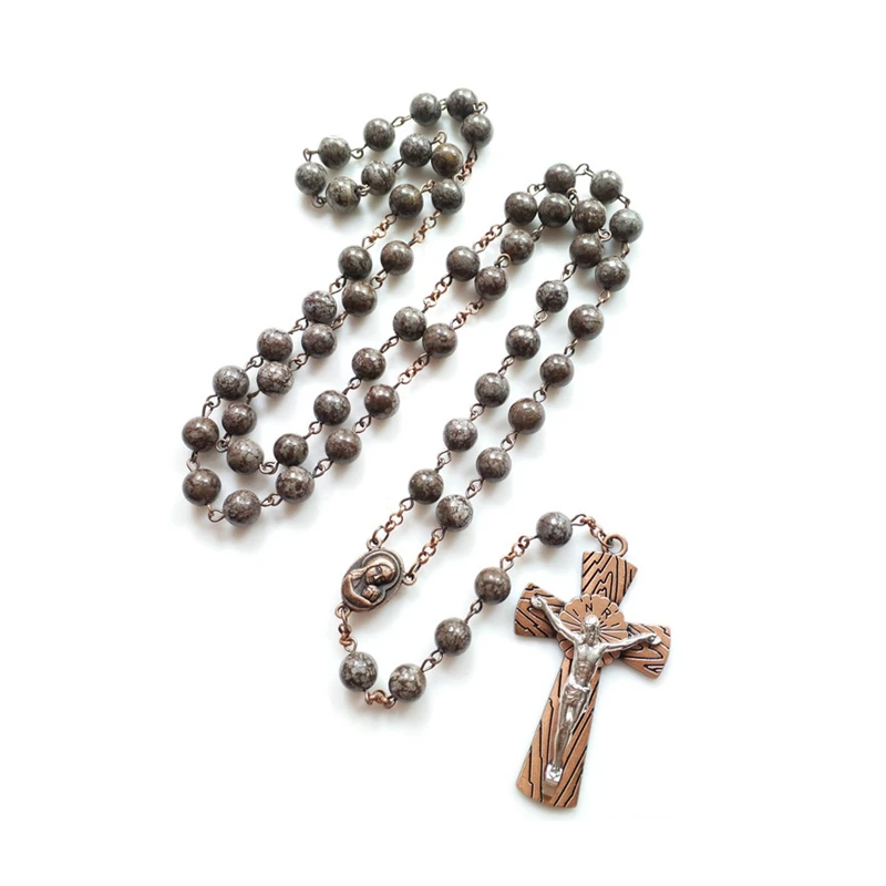 

QIGO Vintage Stone Rosary Long Jesus Cross Pendant Necklace Beads Strand Religious Catholic Jewelry For Women Men