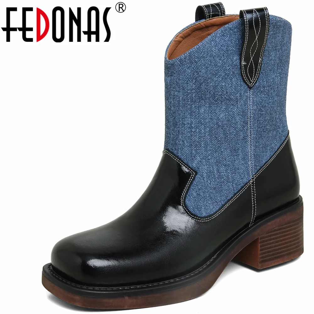 

FEDONAS Fashion Mixed Colors Women Short Boots Splicing Genuine Leather Autumn Winter Thick Heels Casual Shoes Woman New Arrival