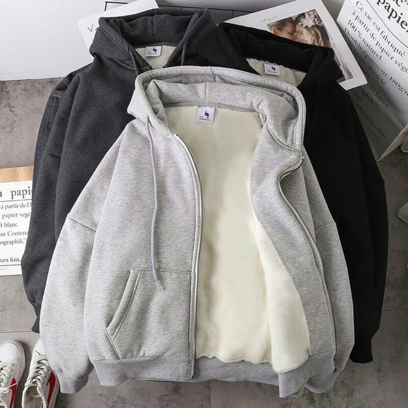 

Women Zipper Hoodies Korean Version Solid Casual Hoodie Harajuku Loose Fleece Long Sleeve Y2K Hooded Oversized Sweatshirts