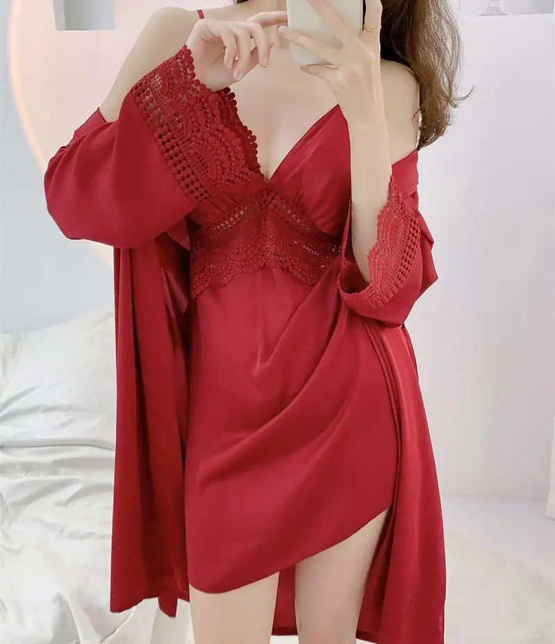 Комплект из двух предметов ночная рубашка женский кружевной халат сатиновый