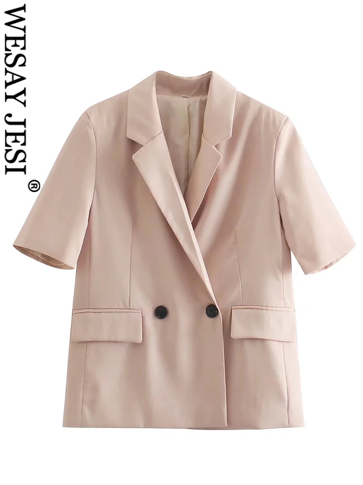 

WESAY JESI Fashion Commuter Solid Flesh Pink Half-sleeve Blazer Straight Simple Double Breasted Pocket Daily Office Jacket Women