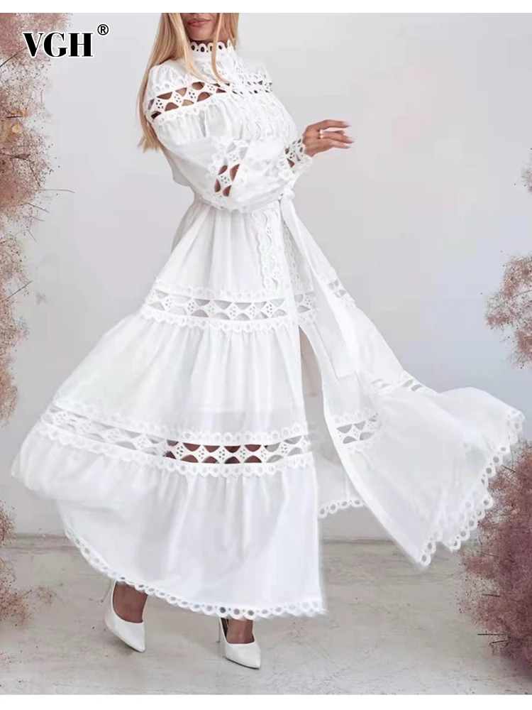 

VGH Casual Plain Dress For Women Stand Collar Loose Long Sleeve Cut Out Patchwork Bowknot Midi Dresses Female 2022 Spring Style
