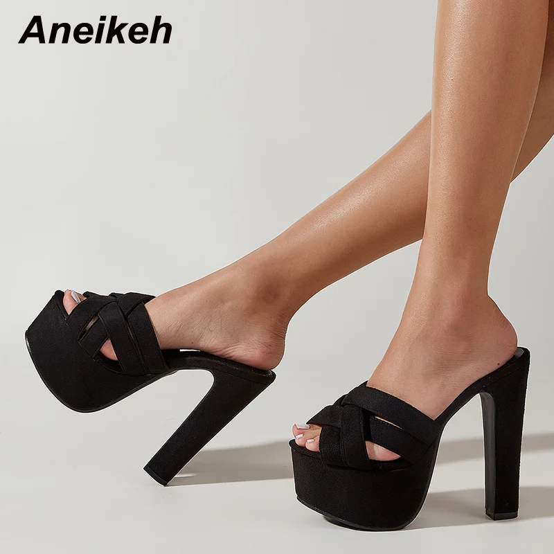 

Aneikeh Fashion Platform Peep Toe Sexy Modern Slippers Sandals Flock Shallow Summer Thin Heelsl Beach Mules Concise Solid Black