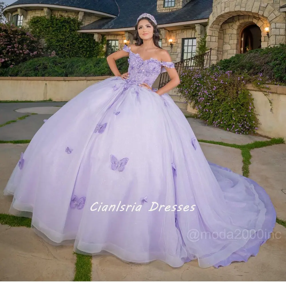 

Lilac Off The Shoulder Quinceanera Dress Ball Gown 3D Butterfly Appliques Lace Corset Sweet 15 Vestidos De Quinceañera