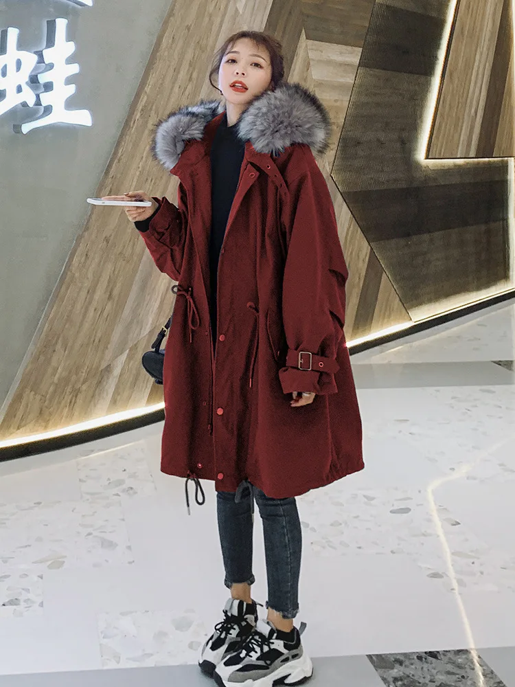 Winter Jacket Female Long Paragraph Big Hair Collar Thickened Cotton Jacket New Students Cotton Clothes Knee Cotton Jacket Tide