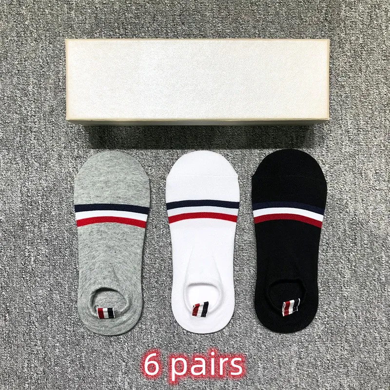 TB THOM Men's Socks Luxury Brand RWB Stripes No Show Socks Women's Cotton Street Fashion Harajuku TB Stockings Ins 6 Pairs