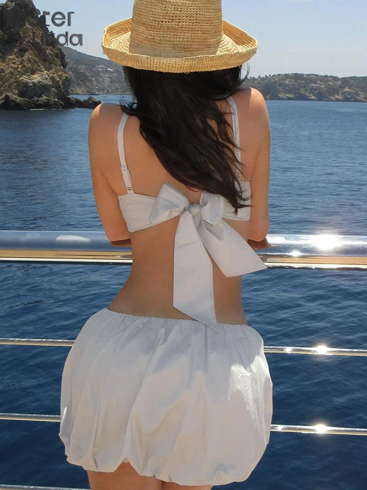 Женский костюм с юбкой Sisterlinda летний однотонный до середины икры лямкой на шее и