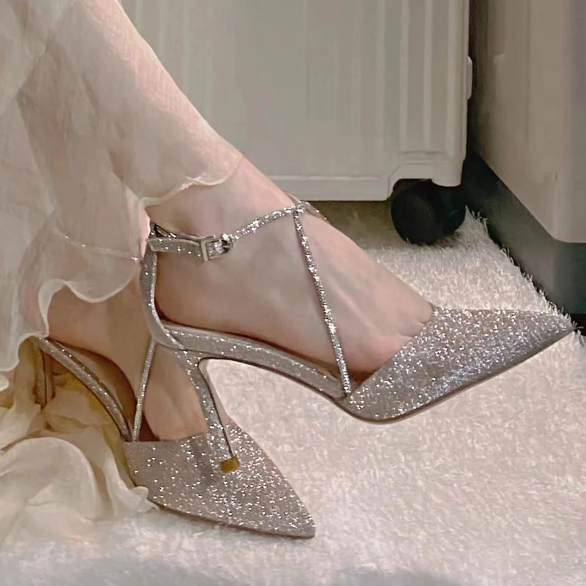 Summer Women Elegant Thin 7cm Heels Sandals Office Lady Dress Shoes Buckle Metal Chain Beauty Woman Pumps