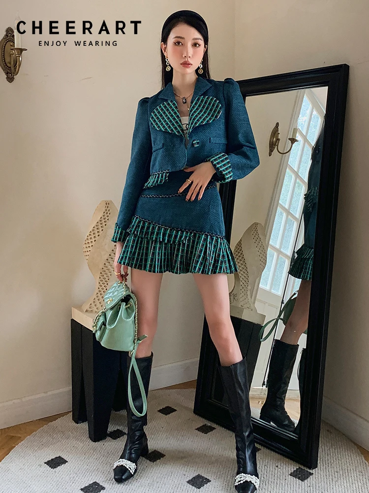 

CHEERART Tweed Two Piece Sets Womens Outifits Blazer Skirt Set Designer Heart Collar Coats Ruffles Mini Skirt High Fashion 2022