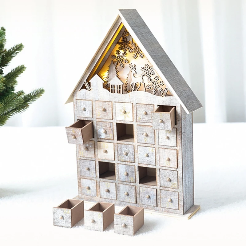 

Christmas Wooden Advent Calendar Countdown Decoration with Drawers LED Light Ornament for Adults Kids B03E